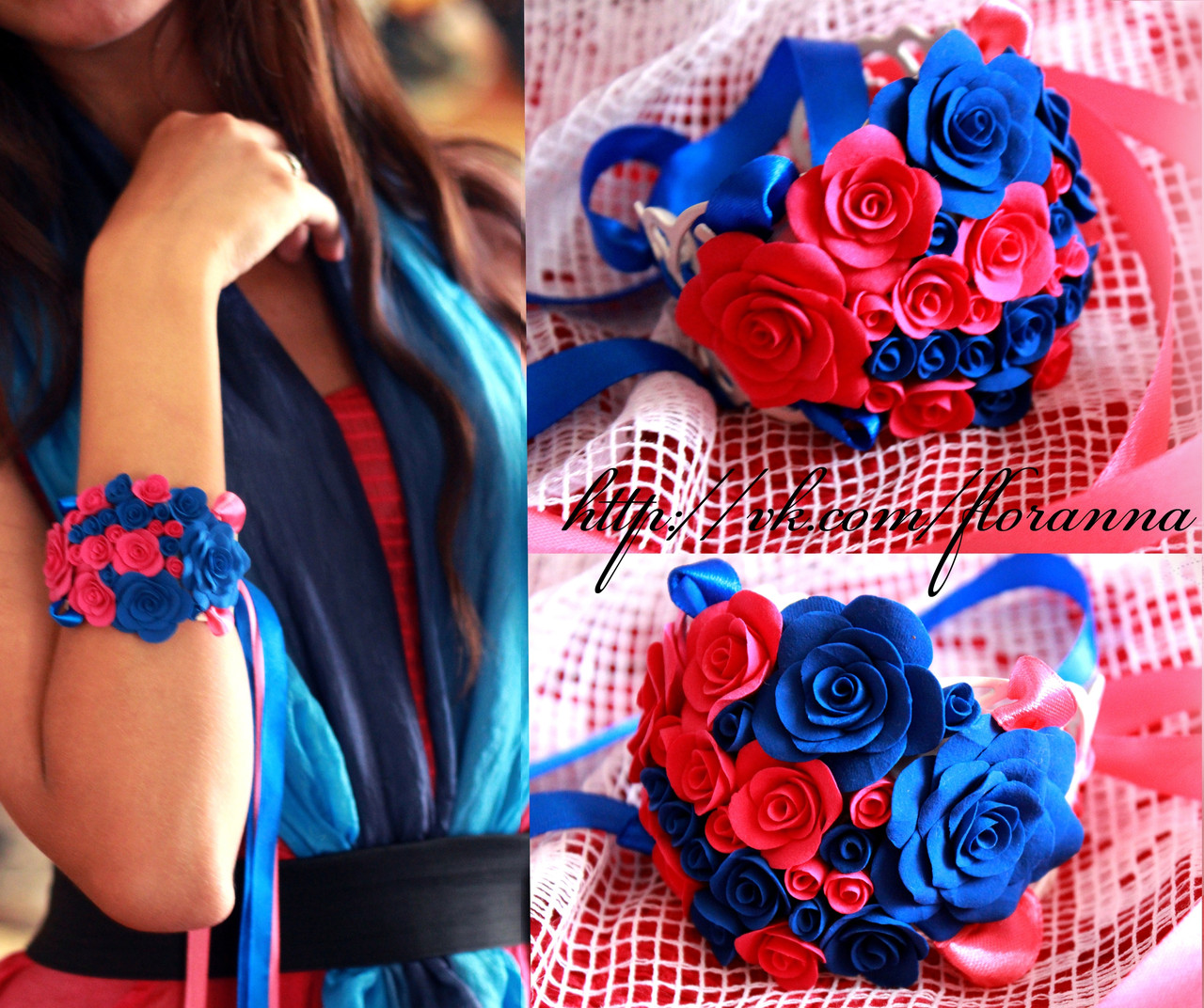 "Рожево-сині троянди" браслет із квітами на руку для дівчини
