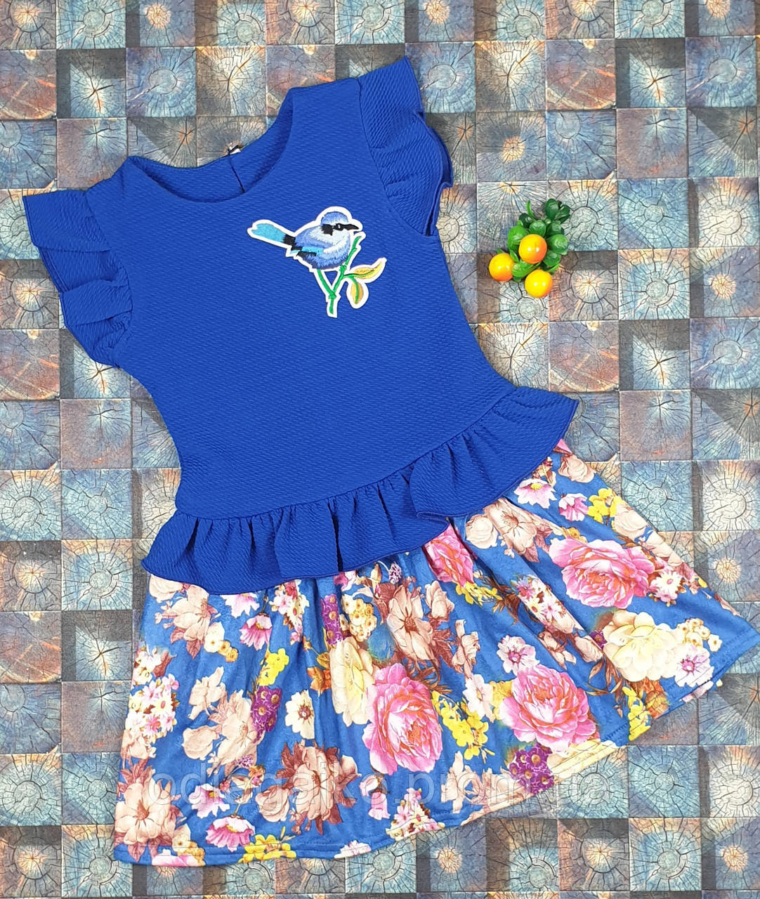 Детское платье для девочки электрик+голубая юбка в цвети Тюльпанчик трикотаж+тонкий замш 104,110,116,122см - фото 1 - id-p936622861