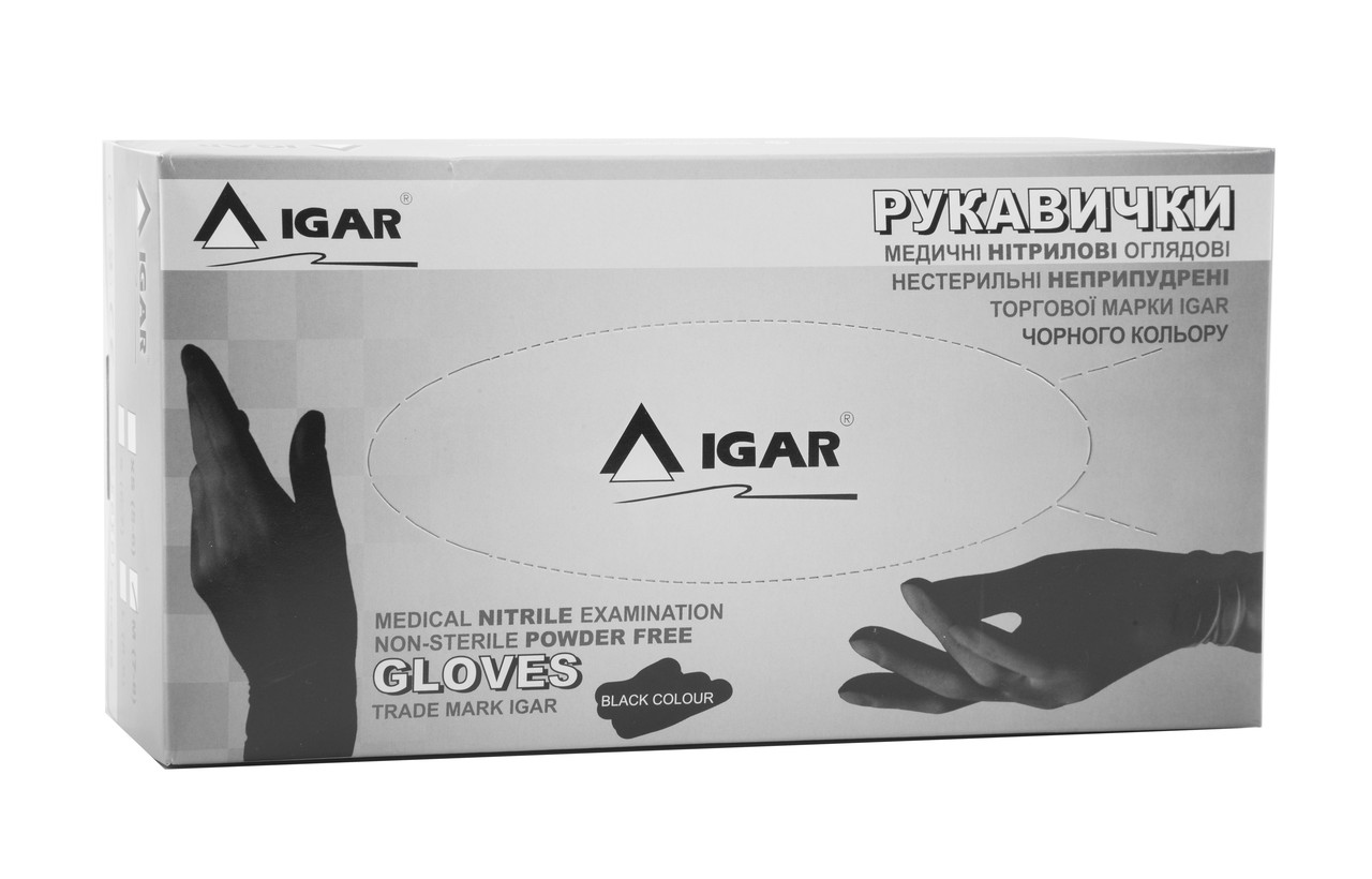 Рукавички нітрилові IGAR чорного кольору без пудри 100шт М, фото 1