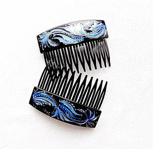 Гребінець для волосся з оригінальним розписом ручної роботи "Блакитні візерунки"