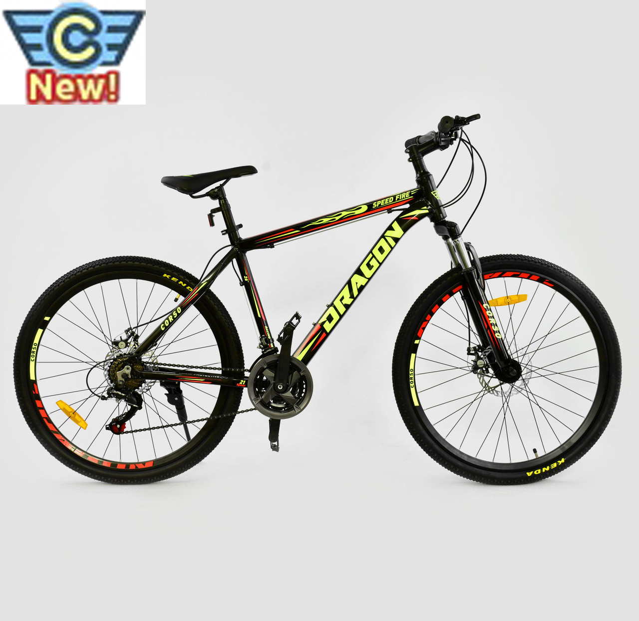 Велосипед Спортивный CORSO DRAGON 26"дюймов BLACK-YELLOW рама алюминиевая 17", 21 скорость