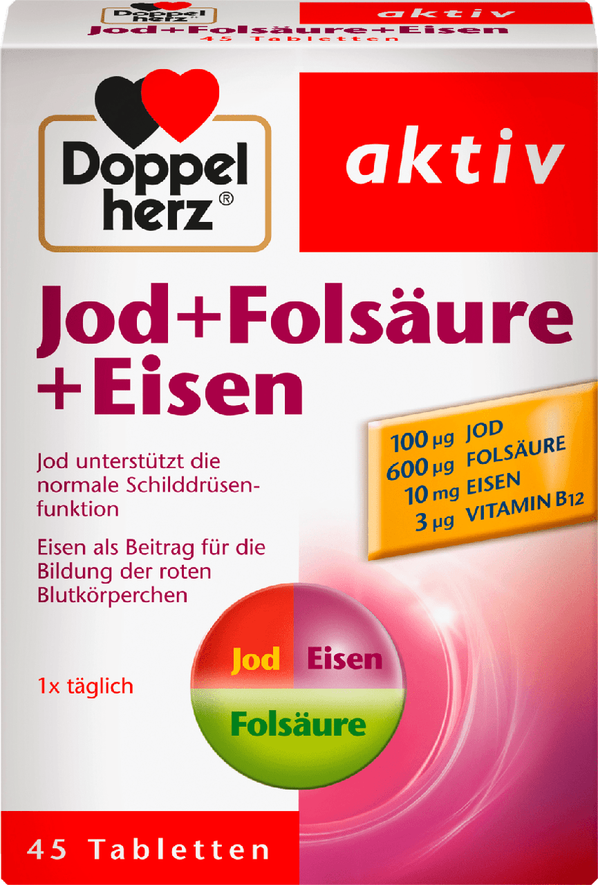Біологічно активна добавка Doppelherz aktiv Jod + Folsäure + Eisen + Vitamin B12, 45 шт.