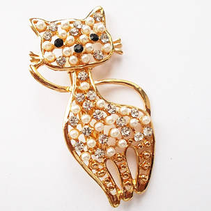 Брошка "Кішка перлинна" (60х26мм) під золото, кристали, перлів. Корея., фото 2