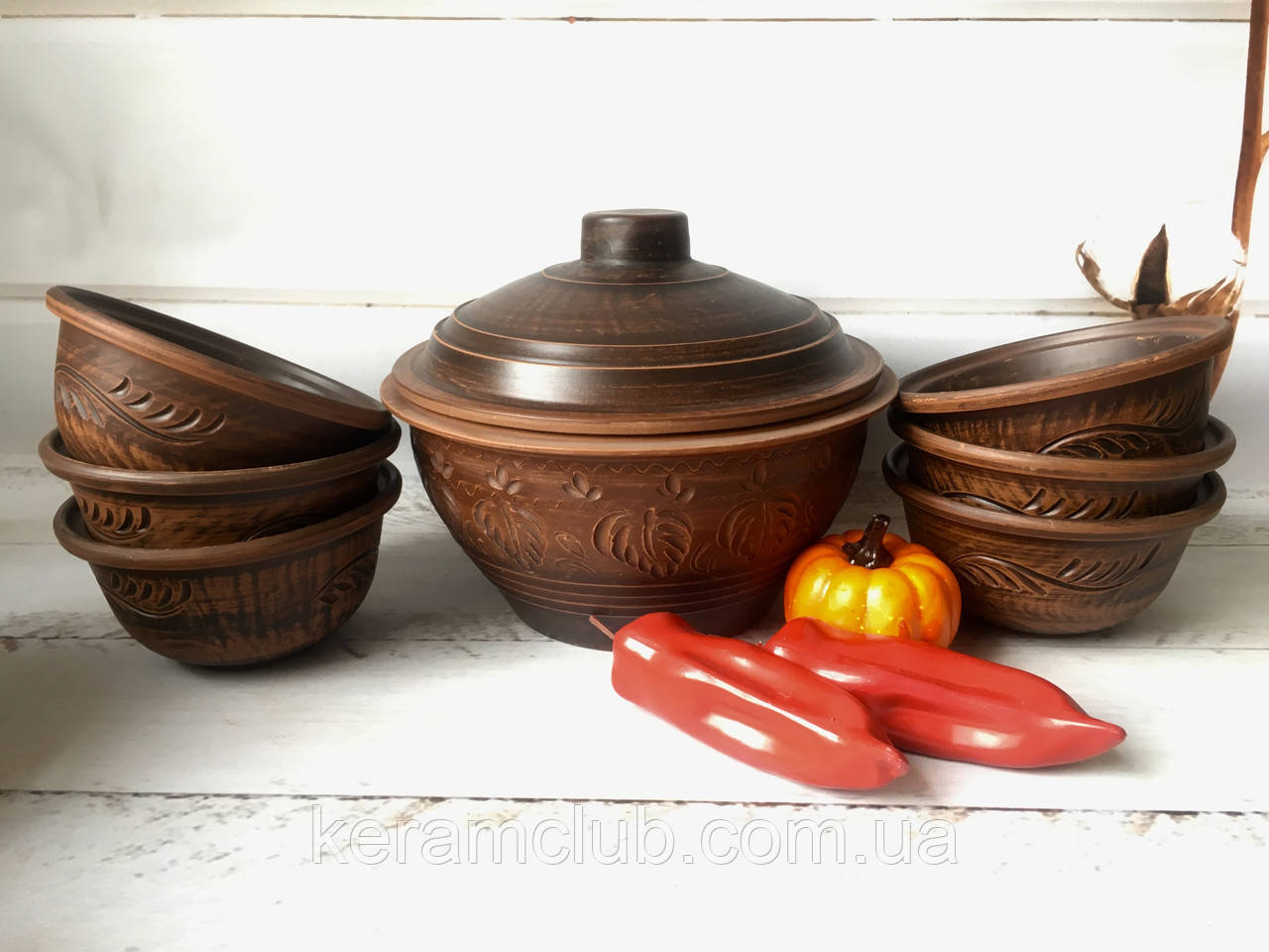 Набір із червоної глини Керамклуб супниця 2,5 л + 6 піал 450 мл, фото 1