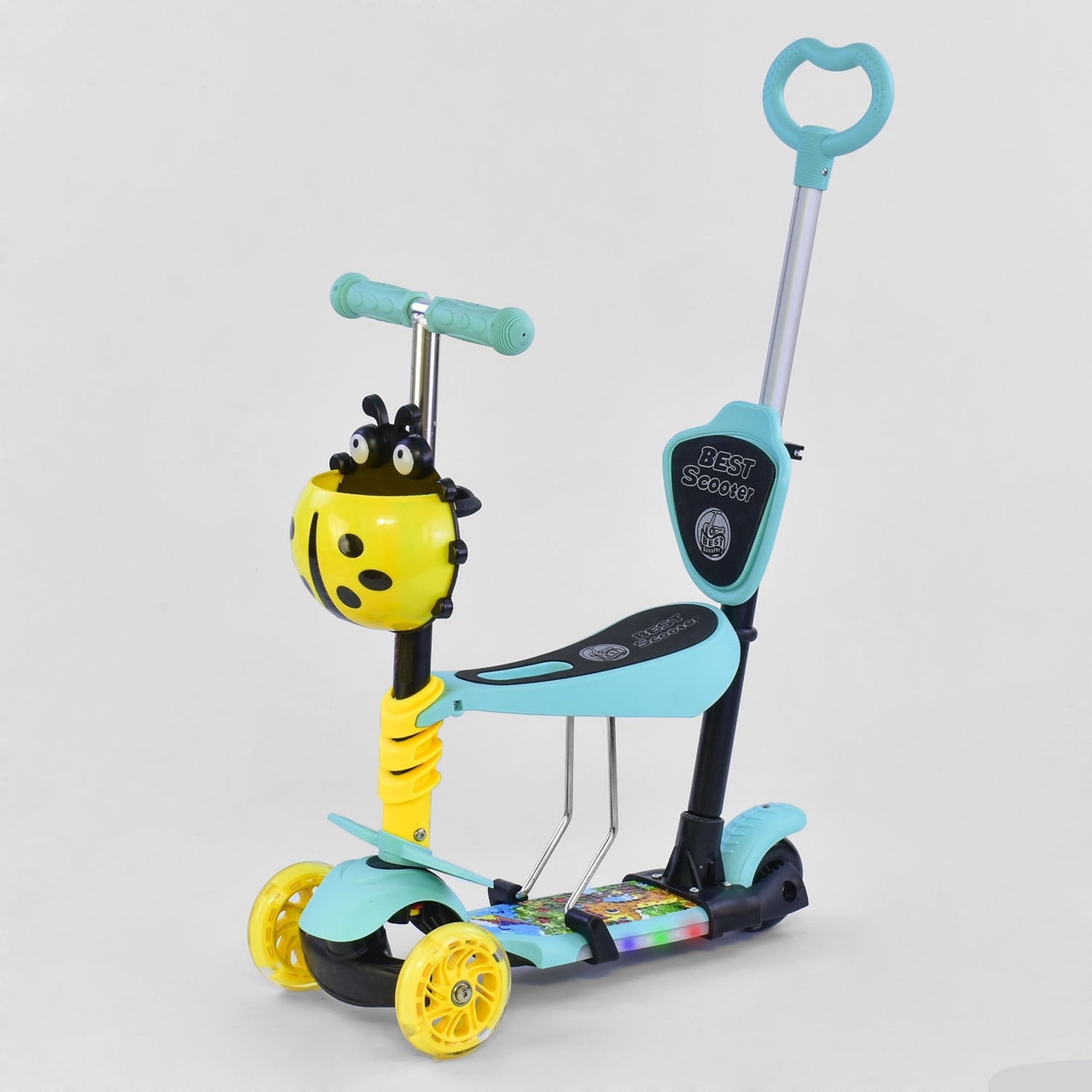 Самокат 5в1 трехколесный L - 15322 Best Scooter, ГОЛУБОЙ, PU колеса, ПОДСВЕТКА ПЛАТФОРМЫ И КОЛЕС, в коробке