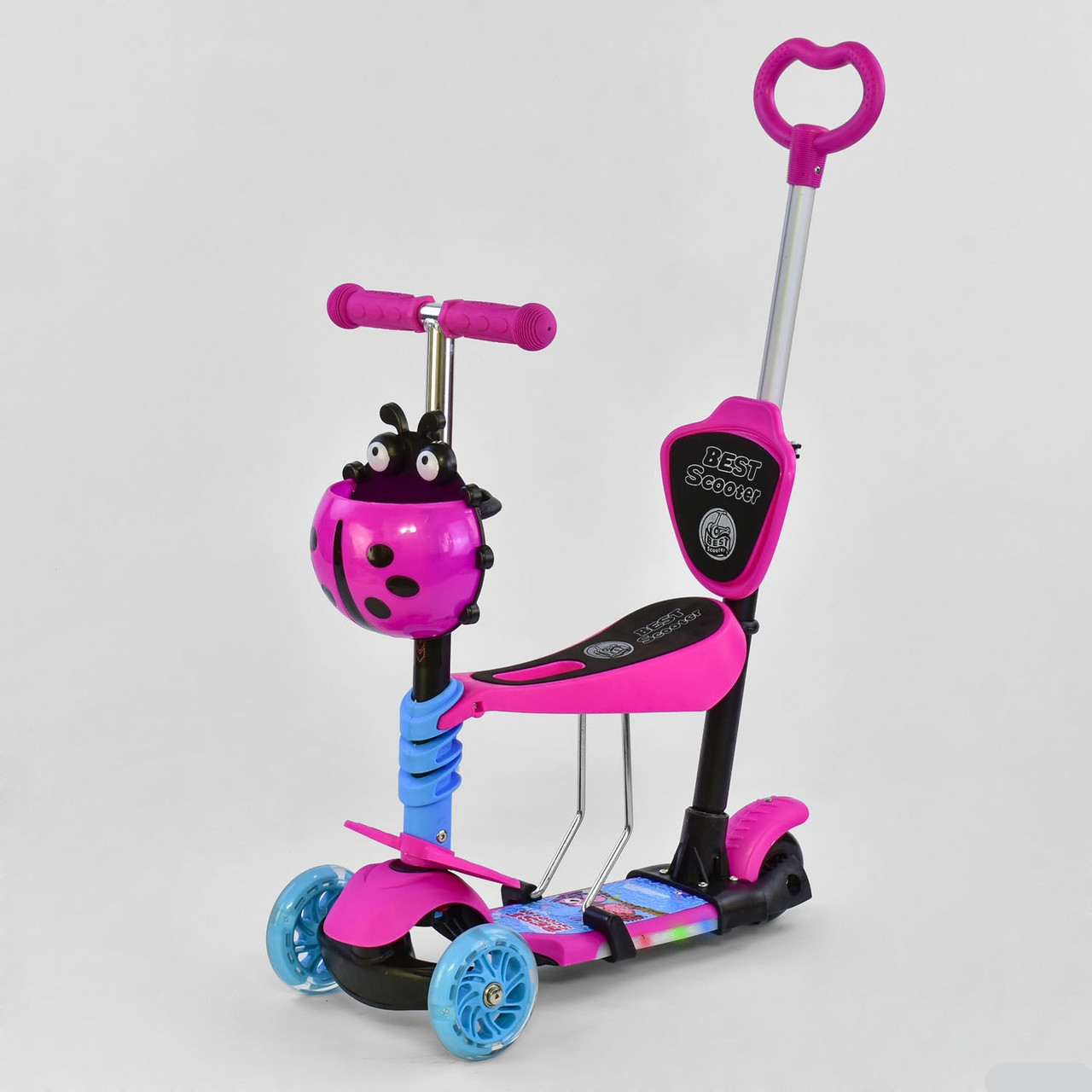 Самокат 5в1 триколісний L - 17810 Best Scooter, РОЖЕВИЙ, PU колеса, ПІДСВІЧУВАННЯ ПЛАТФОРМИ І КОЛІС, в коробці