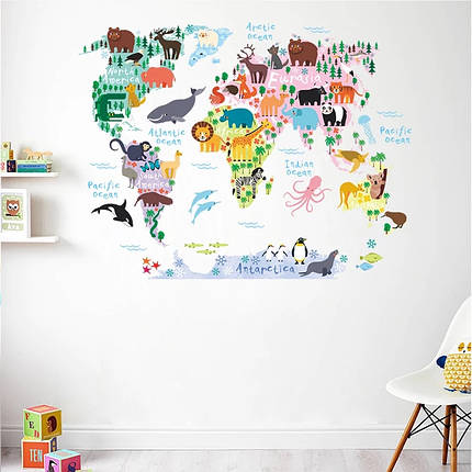 Наклейка на стіну Мапа світу флора та фауна світ звірів ( лист 60 х 90 см) Б140-2, фото 1