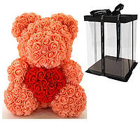 Мишка из 3D роз Оранжевый 40см с сердцем iTrendy + подарочная упаковка