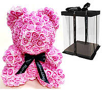 Мишко з 3D троянд Біло-рожевий 40см з бантом iTrendy + подарункова упаковка