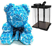 Ведмедик з 3D троянд Біло-блакитний 40см з бантом iTrendy + подарункова упаковка