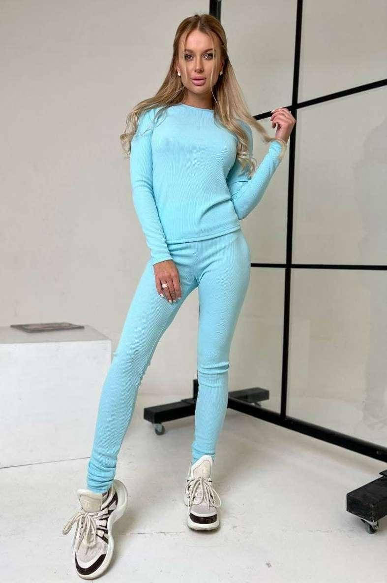 

Женский стильный прогулочный костюм в рубчик, Голубой