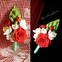 "Розы с фрезиями" из полимерной глины. Бутоньерка для жениха или свидетеля ручной работы.