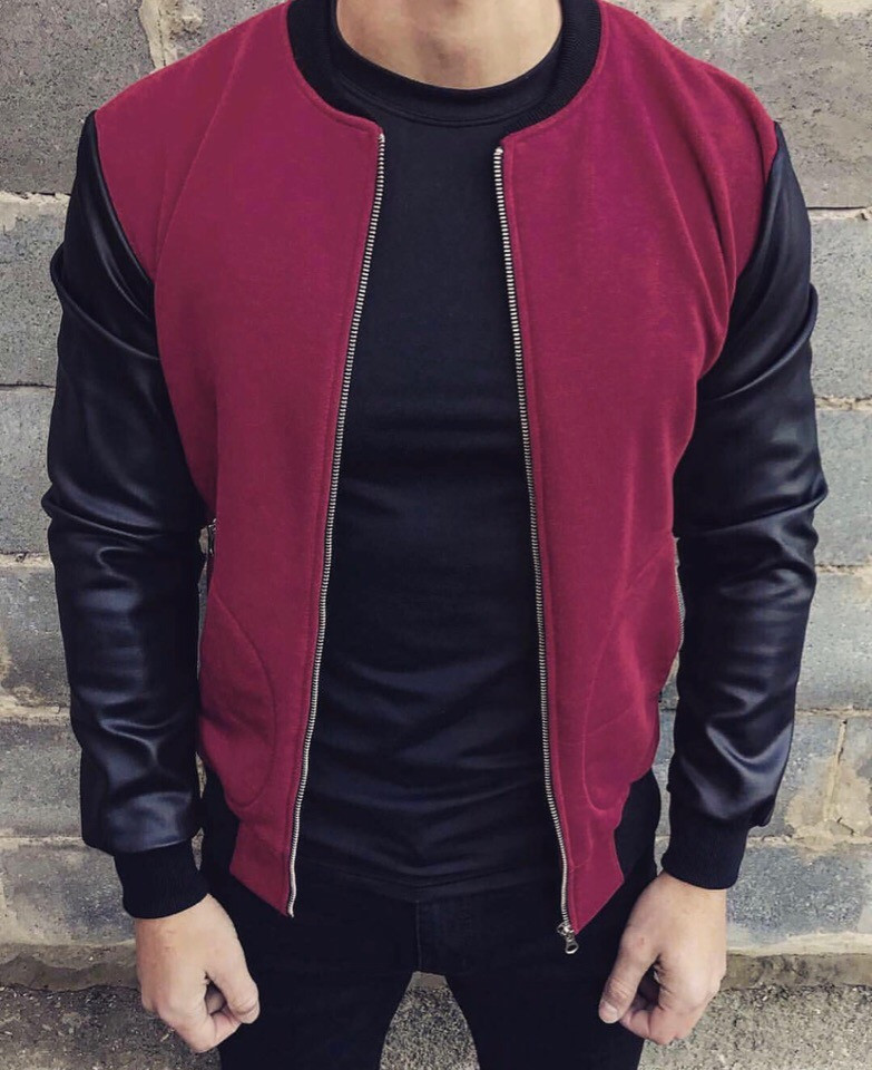 Бомбер Мужской с Рукавами Из Эко Кожи / Куртка Весенняя Летняя Бордо ...