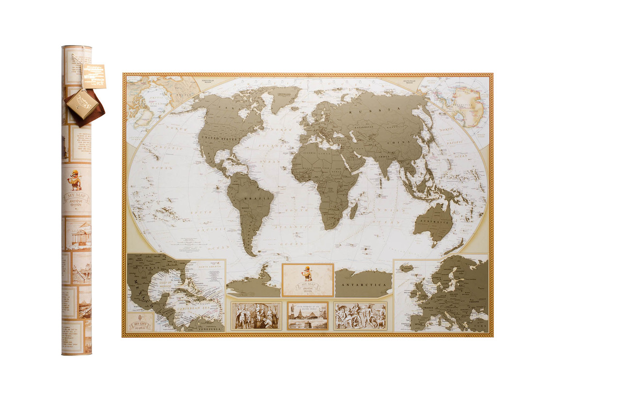 Скретч карта світу My Antique Map ENG Постер з прапорами у подарунок! Найдетальніша скретч карта в античному стилі