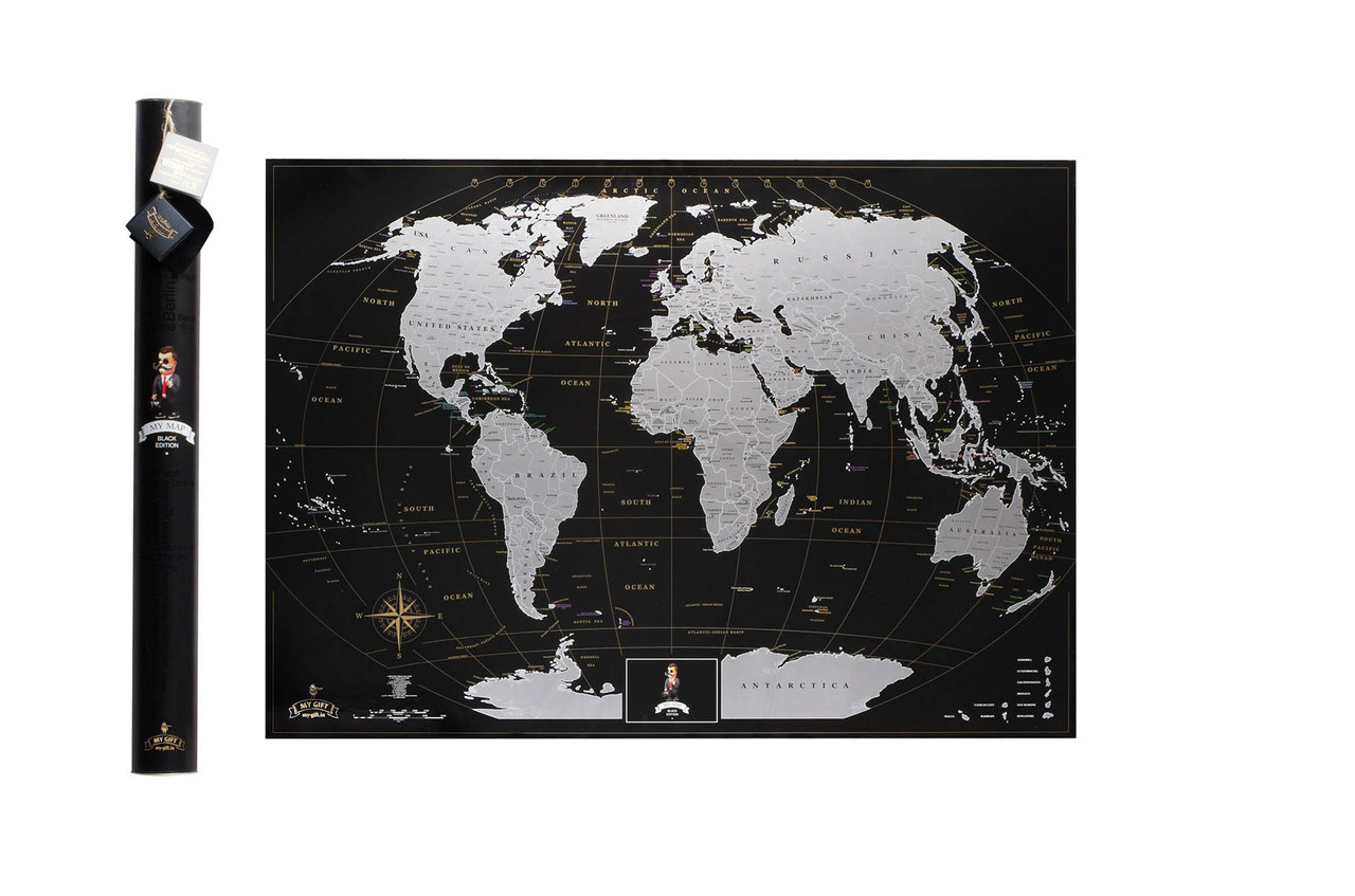 Чорна скретч карта світу My Map Black Edition сріблястий скретч-шар + Постер з прапорами у подарунок!
