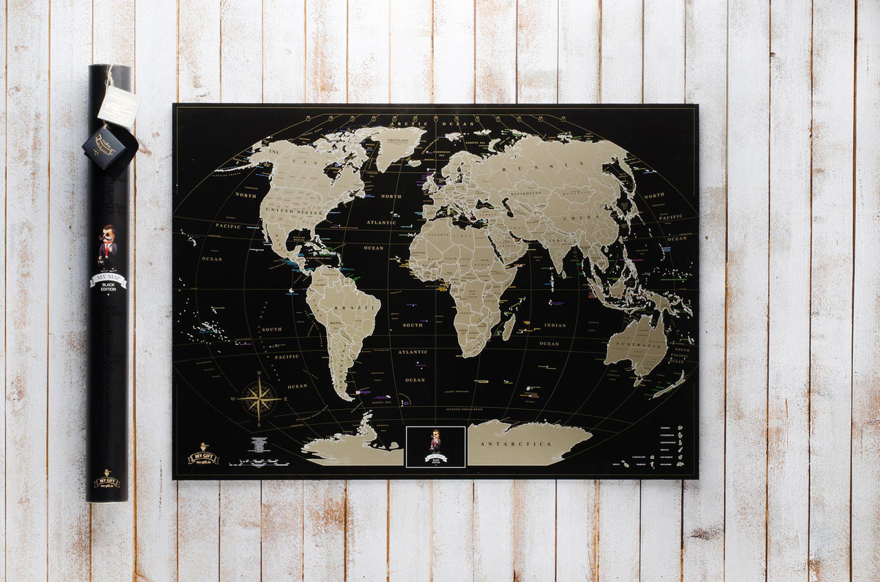 Чорна скретч карта світу My Map Black Edition золотистий скретч-шар + Постер з прапорами у подарунок!