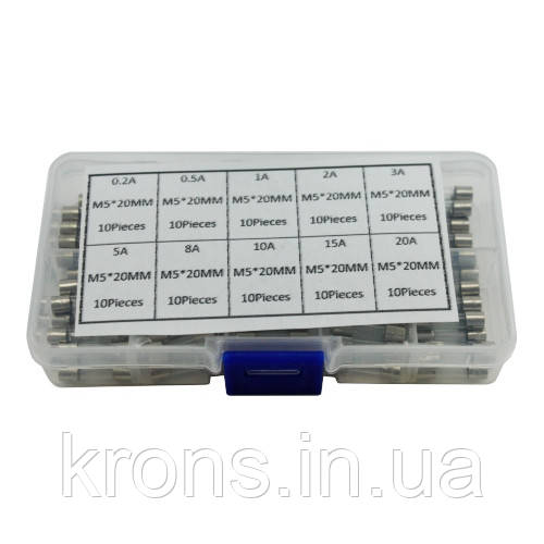 100x Запобіжник скляний М5х20мм, 0.5-30А, набір, фото 1