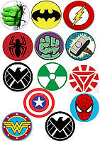 Вафельна картинка на торт "Супергерої/Месники" А4 на аркуші А4 13 логотипів супергероїв