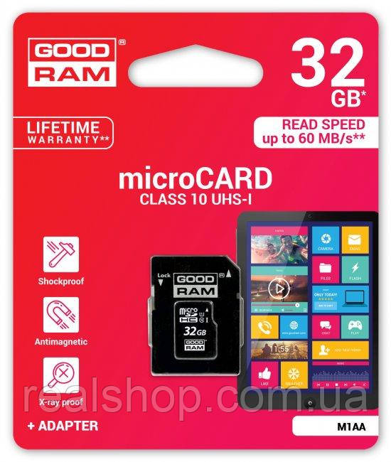 Картка пам'яті micro SDHC 32Gb GoodRam UHS-I (M1AA-0320R11) + SD-adapter