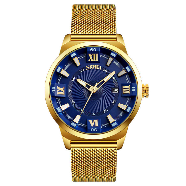 Skmei 9166 золоті із синім циферблатом чоловічий класичний годинник, фото 1
