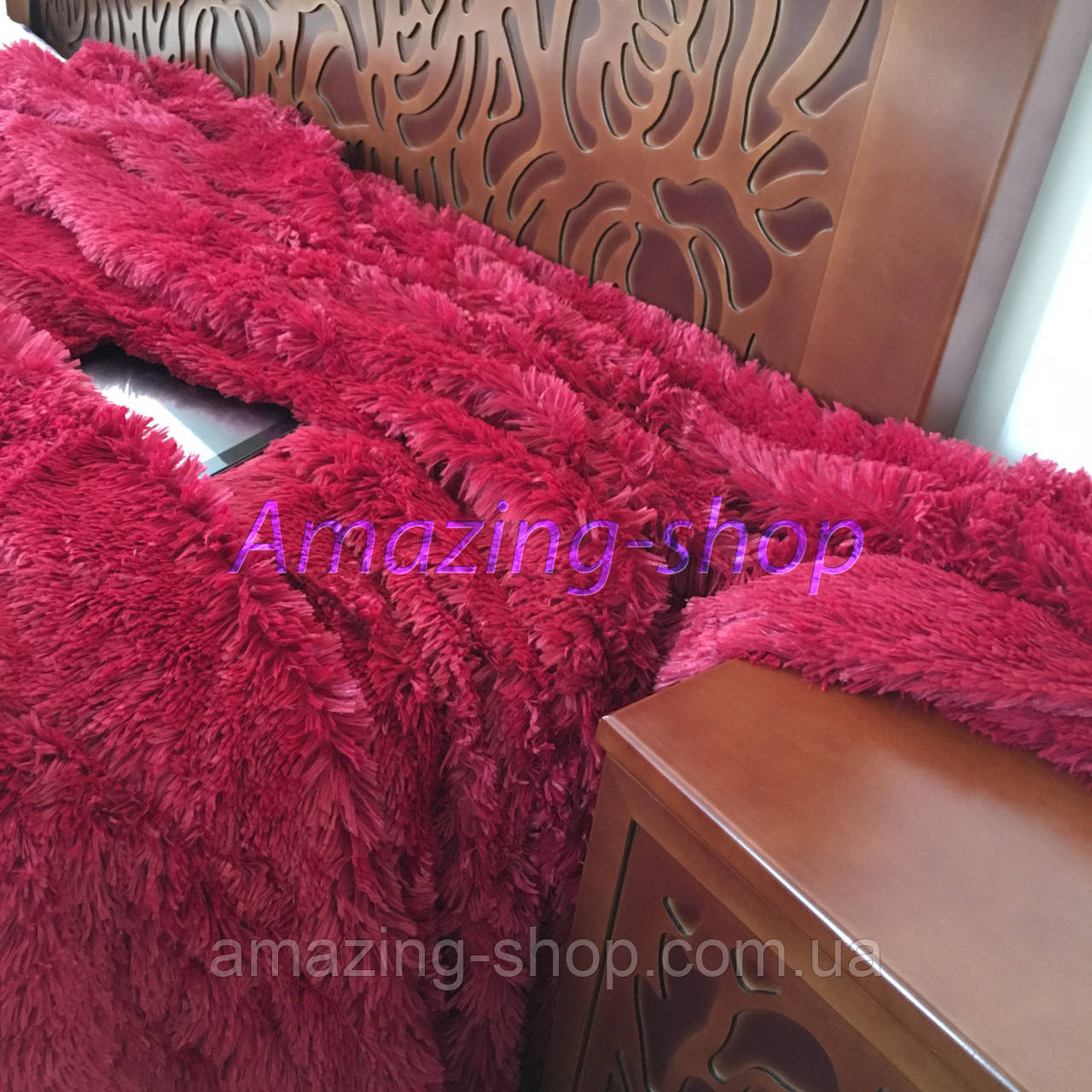 Покривало травичка  ⁇  Пухнастий махровий плед із довгим ворсом. 220х240. Колір Гранатовий, фото 1