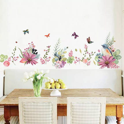 Вінілові наклейка на стіну, вікна, шафа-купе "пташка і літні квіти з метеликами" 55см*170см (лист 60*90см), фото 2