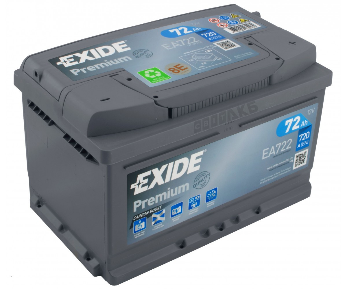 Акумулятор стартерний Exide Premium 6СТ-72 Євро (EA722)