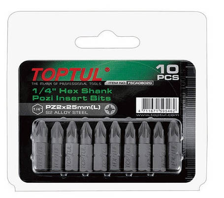 Набір біт 1/4" L25мм PZ2 10 од. на блістері TOPTUL FSCA0802G, фото 1