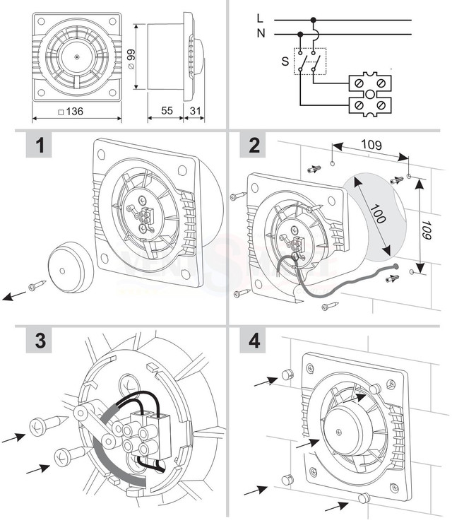 Габаритні розміри, монтаж та схема підключення осьового витяжного настінного компактного вентилятора Колібрі 100 (COLIBRI 100) ― для кухні, ванної, в туалет, для офісу ― який Ви можете купити недорого в інтернет-магазині вентиляції ventsmart.com.ua