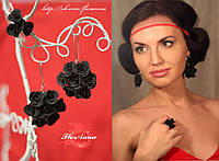 "Елегантний чорний" стильний комплект прикрас для дівчини з квітами з полімерної глини.
