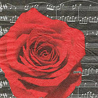 Салфетка для декупажа Красная роза на чёрном фоне с нотами 4529