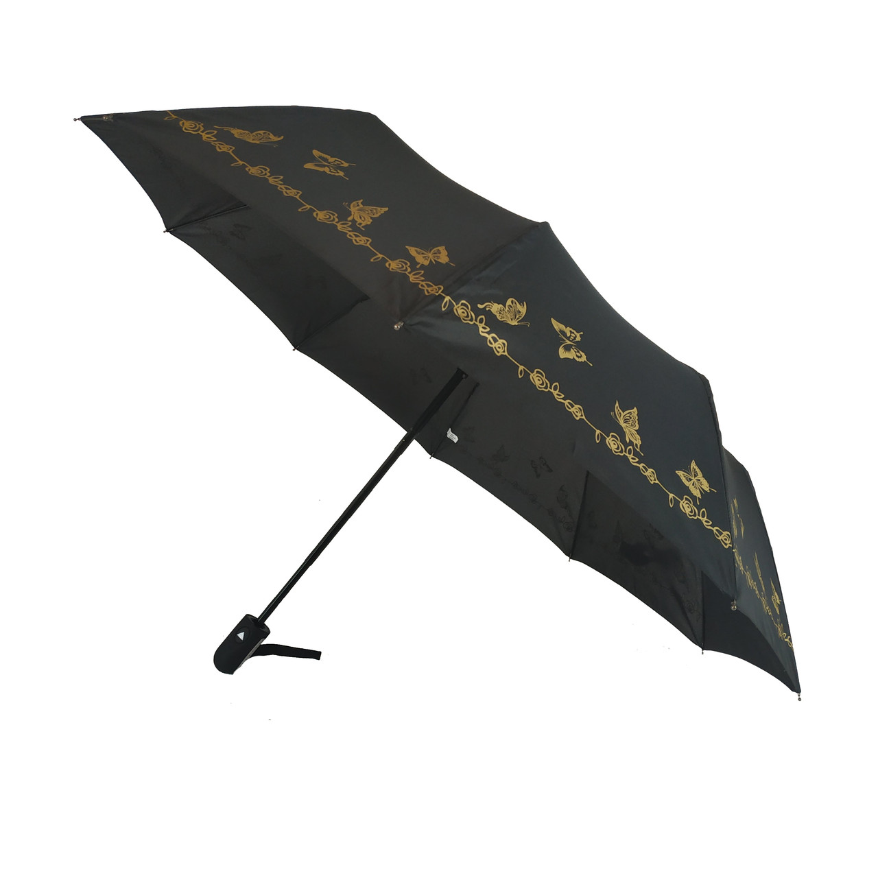 Жіноча парасолька напівавтомат Bellissimo із золотистим візерунком на куполі на 10 спиць, чорна, 018308-9