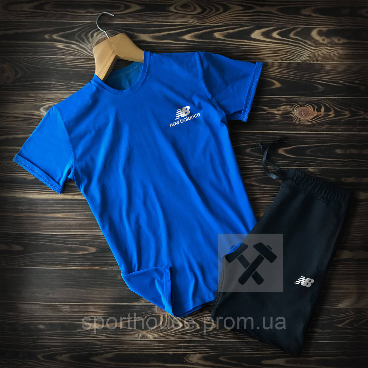 Чоловічий комплект футболка + шорти New Balance синього і чорного кольору (люкс) S