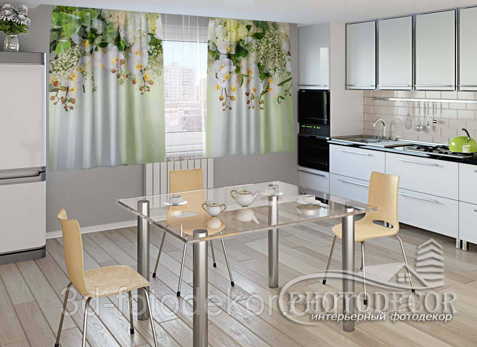 Фото Штори для кухні "3D Ламбрекени з орхідей і кольорів 1" 1,5м*2,5м (2 полотна по 1,25м), тасьма, фото 1