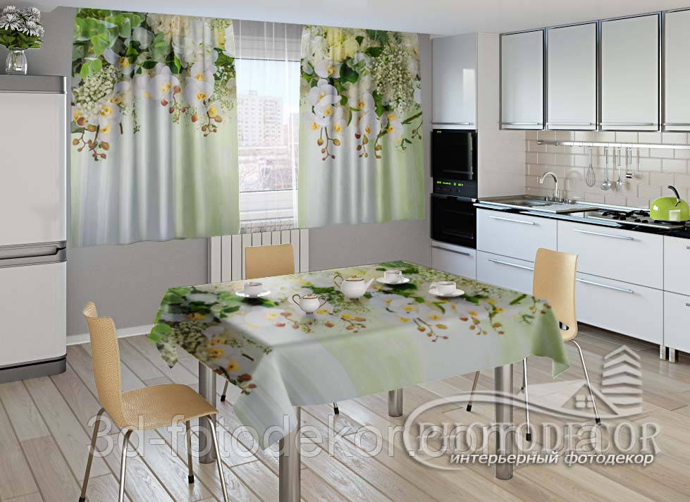 Фото комплект для кухні "3D Ламбрекени з орхідей і кольорів 1" (штори 1,5 м*2,5 м; скатертину 1,0 м*1,2 м)