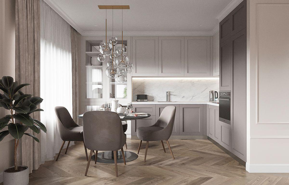 Кухня в стилі сучасна класика з фрезерованими фасадами без ручок