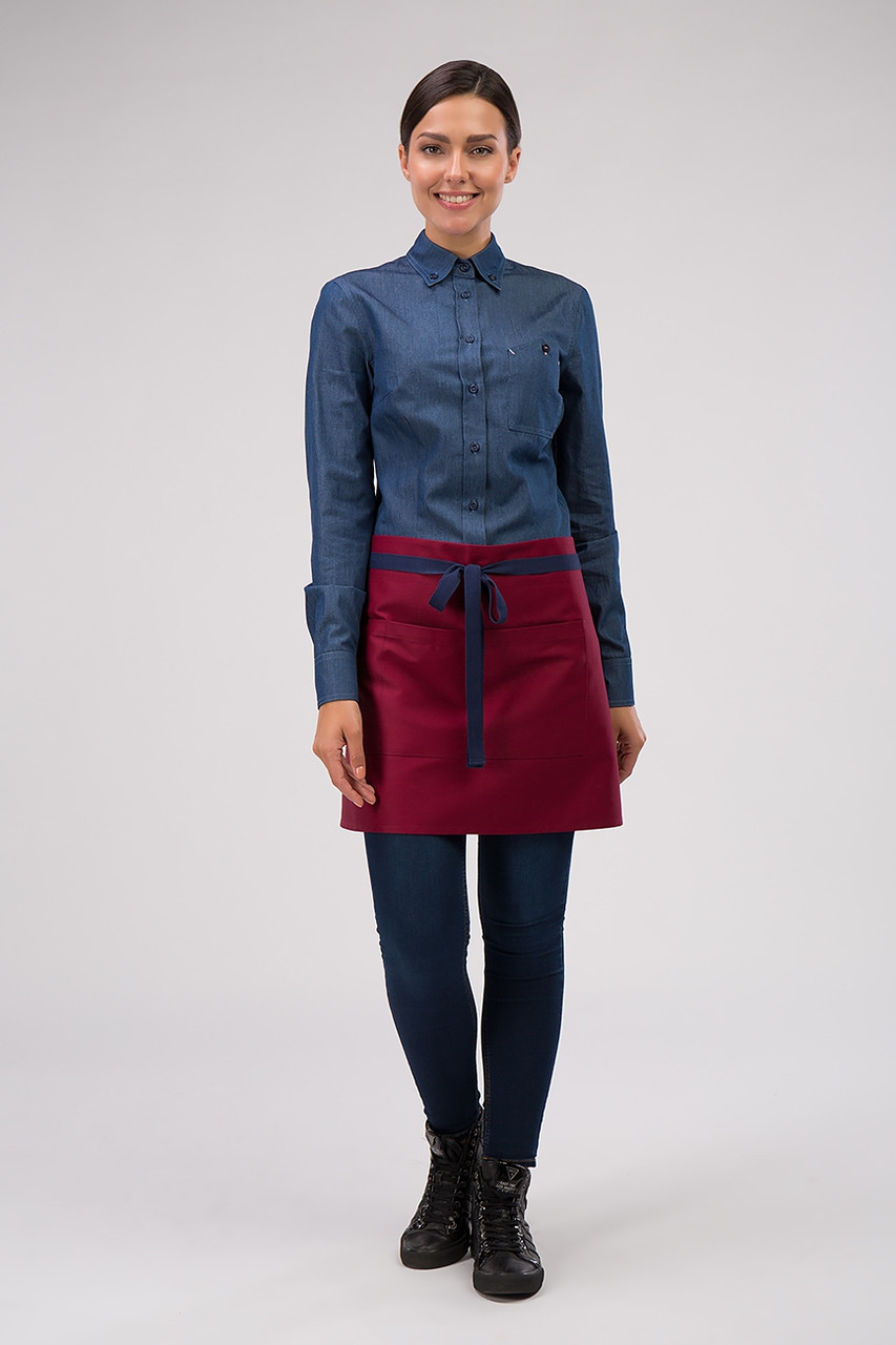 Фартух Atteks для офіціанта/кухаря/кінцевий, короткий 50 см бордовий із синім — 00239