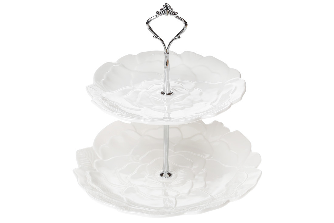 Етажерка порцеляновий двоярусна Квітка, 23см, колір - білий(988-198)