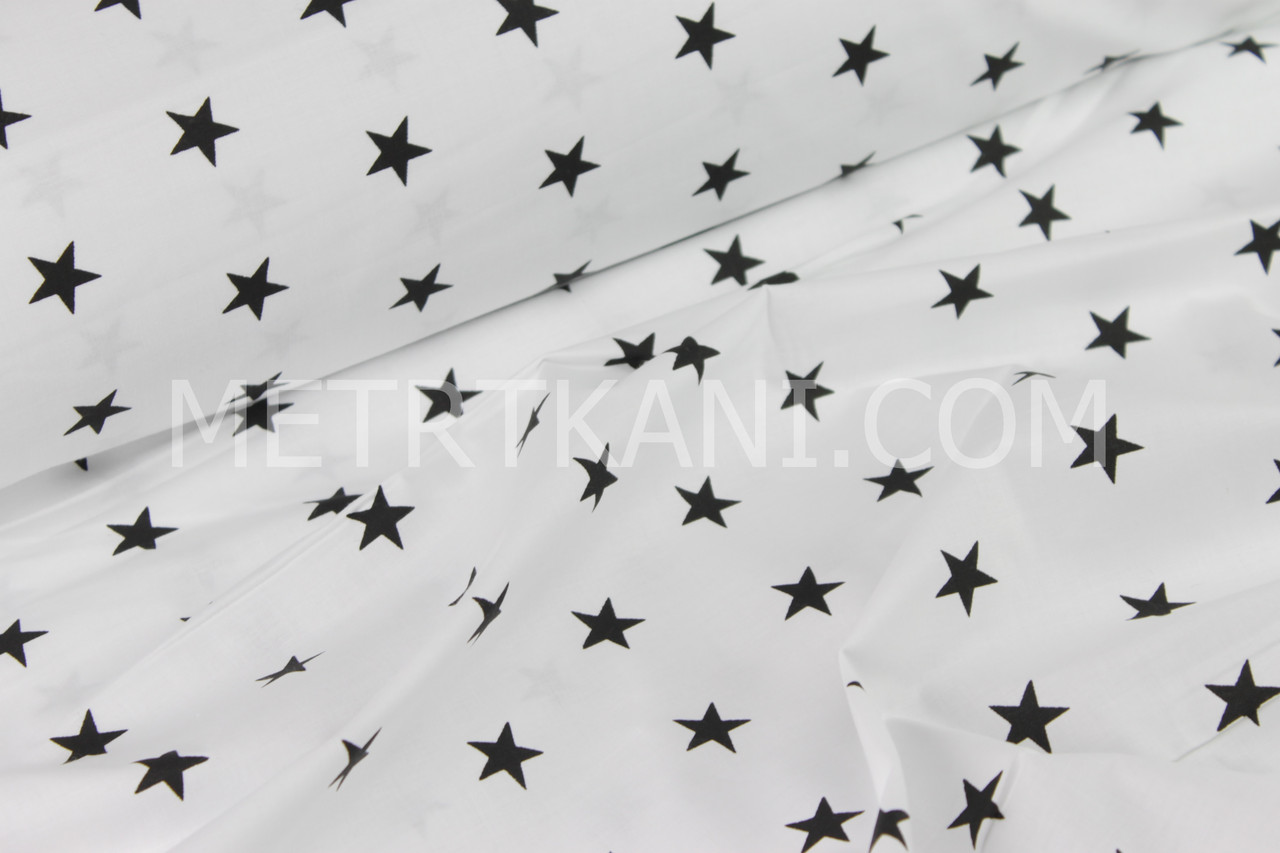 Бязь польська з чорними зірками 2 см на білому тлі No74