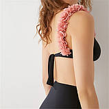 Чорний роздільний купальник з високою талією і рожевими квітами, фото 2