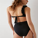 Чорний роздільний купальник з високою талією і рожевими квітами, фото 3