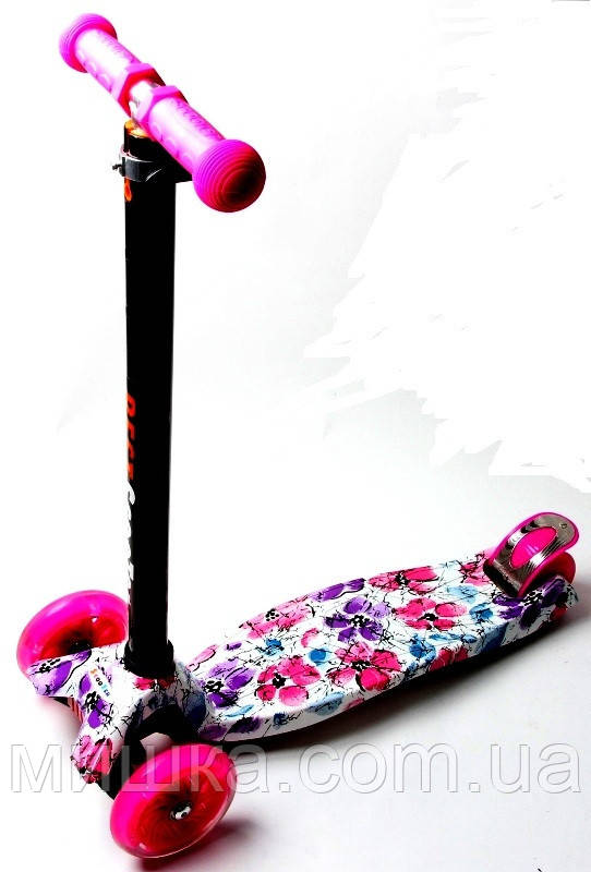 Дитячий самокат MAXI. Flowers 2. Малинові колеса, що світяться!, фото 1