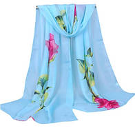 Женский шарф голубой с розой - 140*47см, шифон