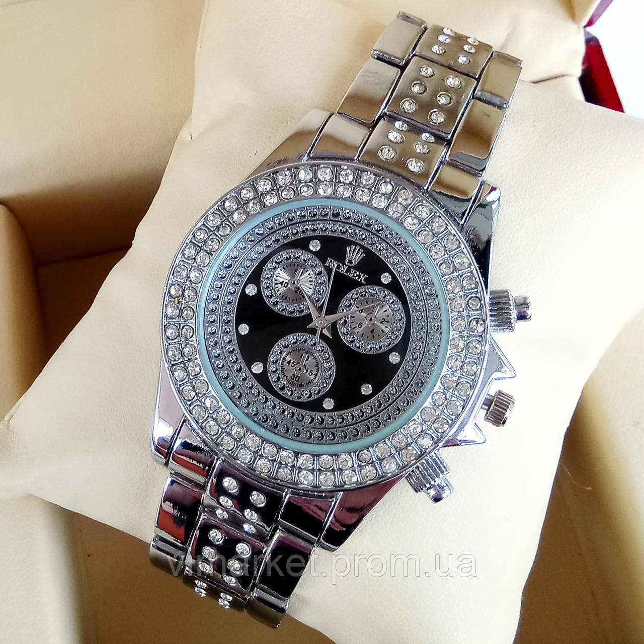 Класичні жіночі кварцові наручні годинники Rolex сріблястого кольору зі стразами, чорний циферблат