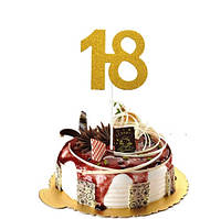 Топер в торт цифра 18 з блискітками 75 на 80 мм золотистий