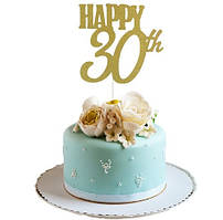 Топер в торт цифра 30 з блискітками 138 на 145 мм золотистий
