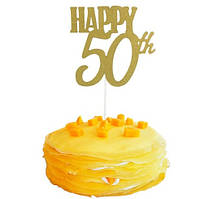 Топер в торт цифра 50 з блискітками 14 на 14 см золотистий