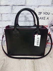 Сумка жіноча "НОВА" натуральна шкіра, чорна напівматова з бургунді виворотом