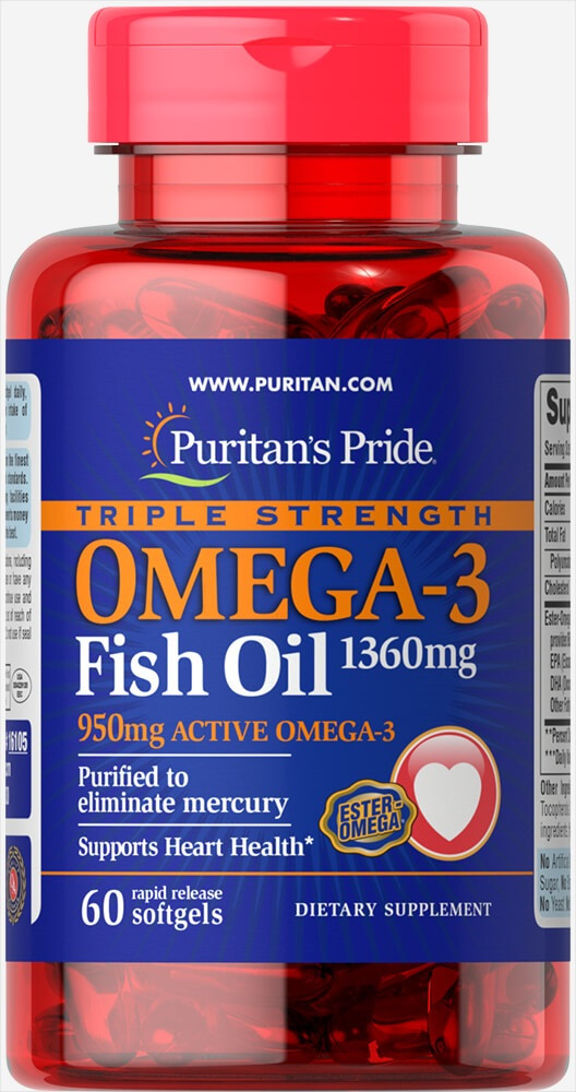 Омега Puritan's Pride — Omega 3 Fish Oil 1360 мг Triple Strength (60 капсул)