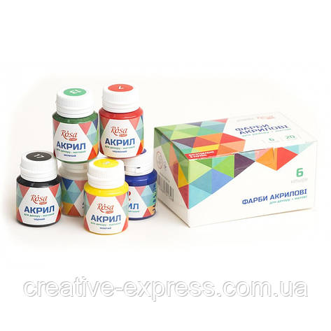 Набір акрилових фарб для декору ROSA START, матовий, 6 кол.* 20 мл,, фото 1